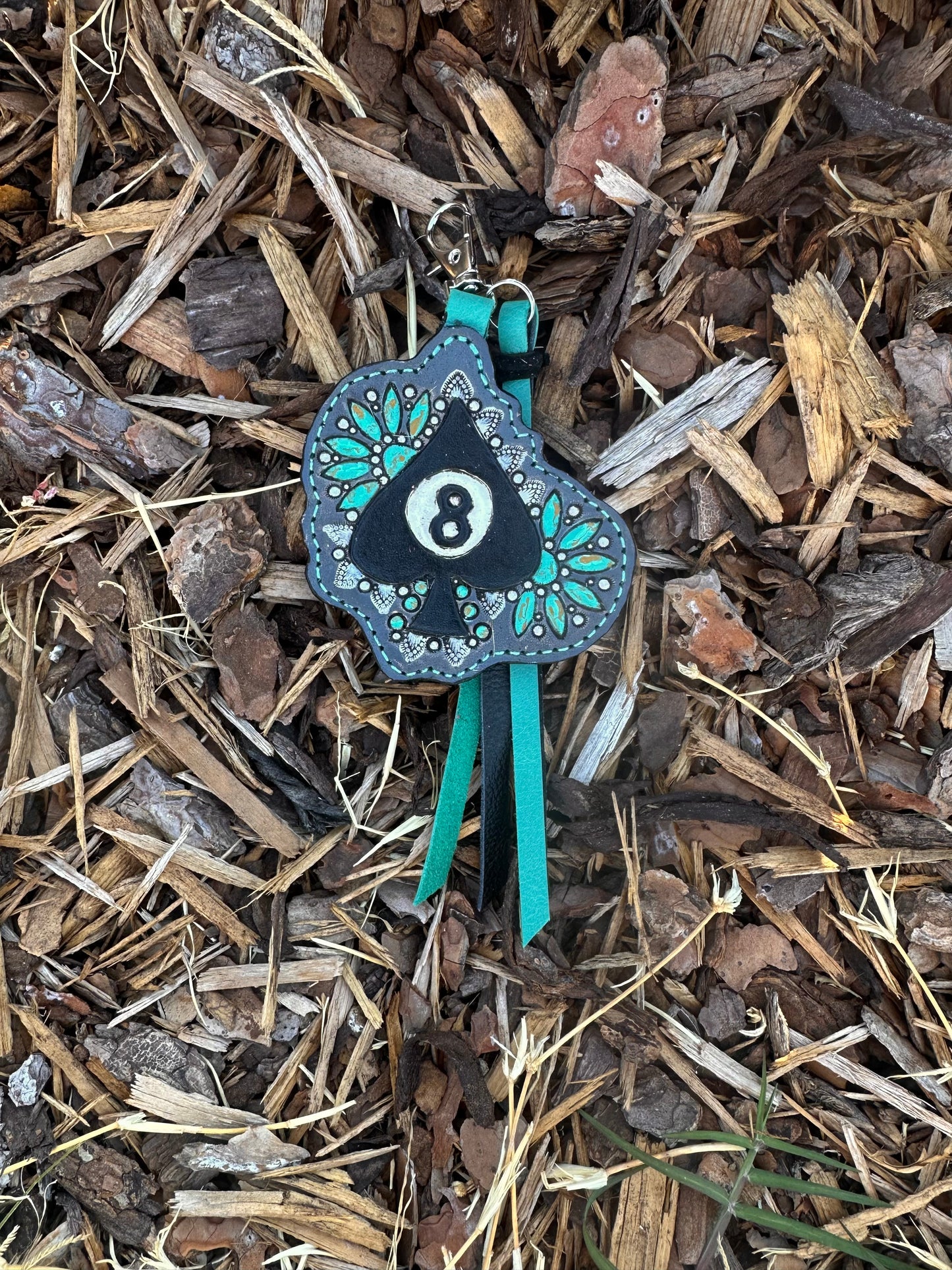 Western tooled leather retro spade and turquoise keychain