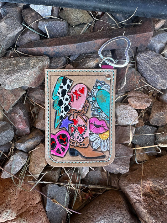 Western tooled leather boot daisy and peace heart card keychain
