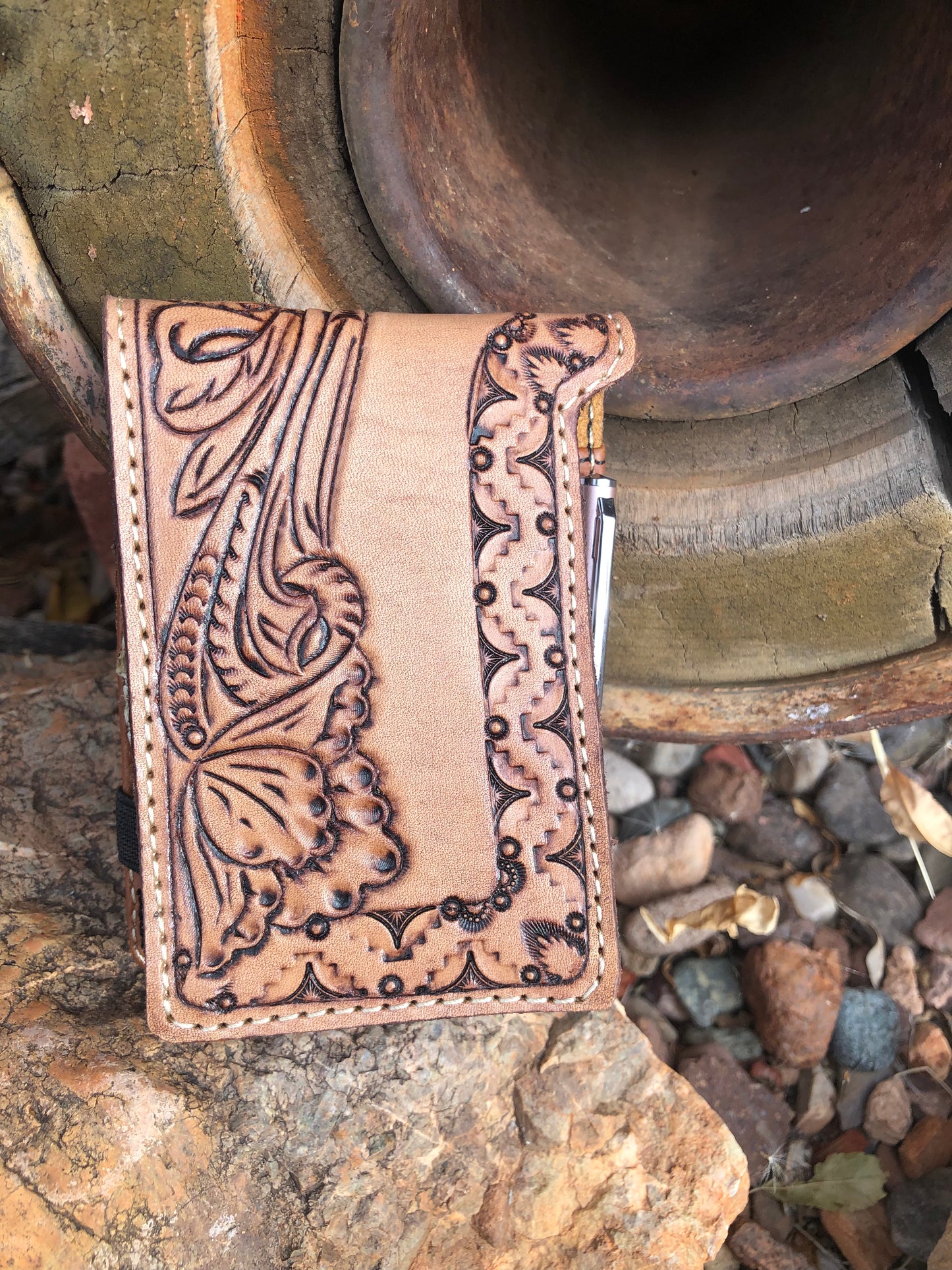 Western tooled leather floral pocket note pad