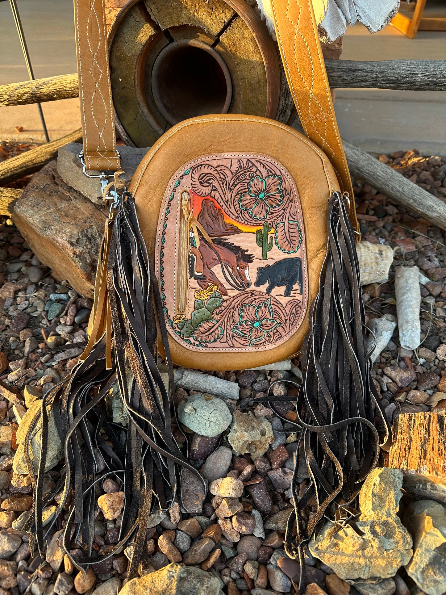 Western tooled leather cutter bag