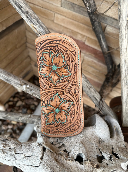Western tooled leather double floral eye glass case
