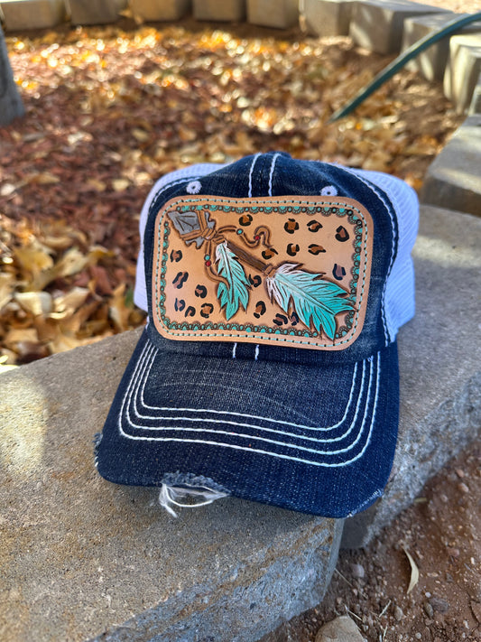 Southwestern tooled leather arrow patch cap
