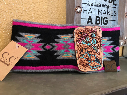 Southwestern tooled leather floral and turquoise cactus patch headwrap