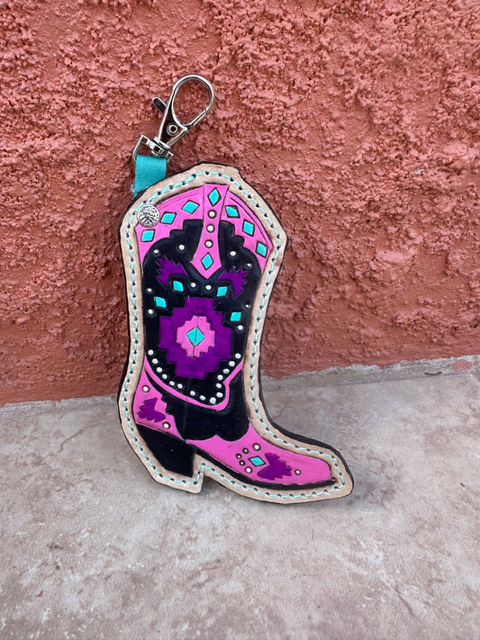 Western tooled leather boot keychain