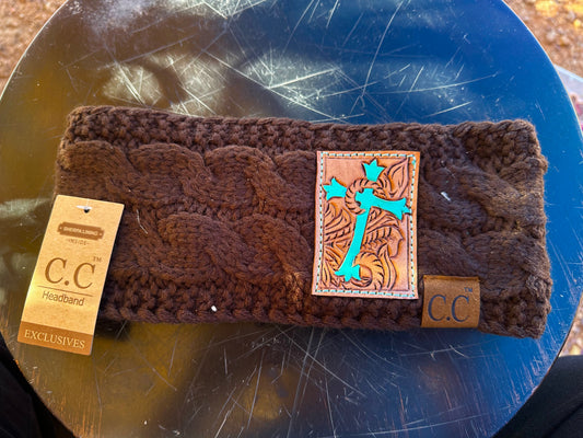 Western tooled leather cross patch head wrap