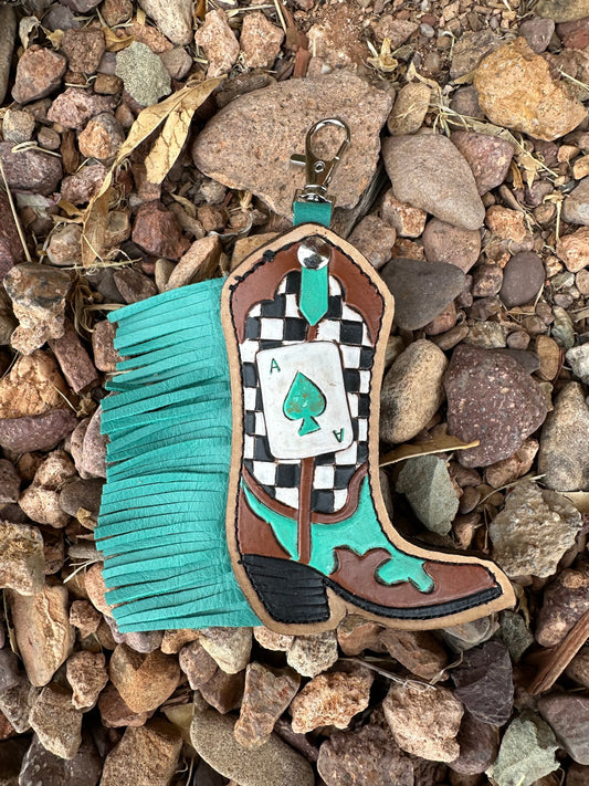 Western tooled leather ace of spades fringe boot chapstick keychain