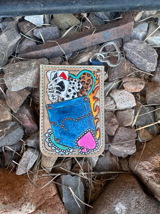 Western tooled leather denim cards and heart card keychain