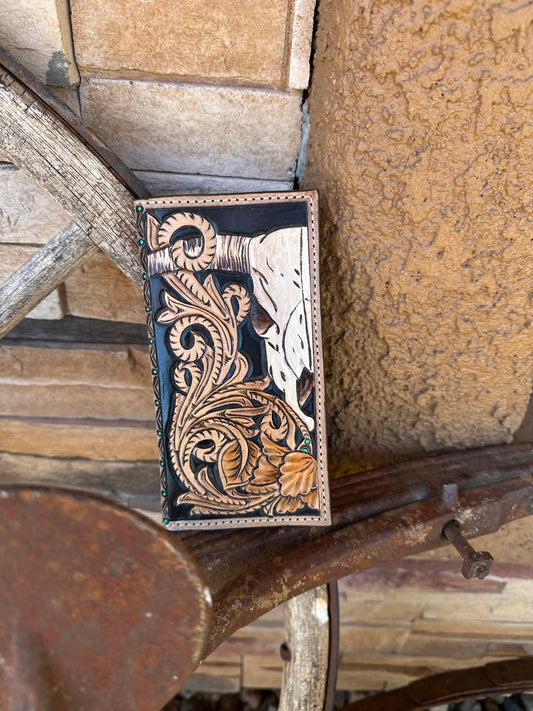 Mens tooled leather cow skull roper wallet