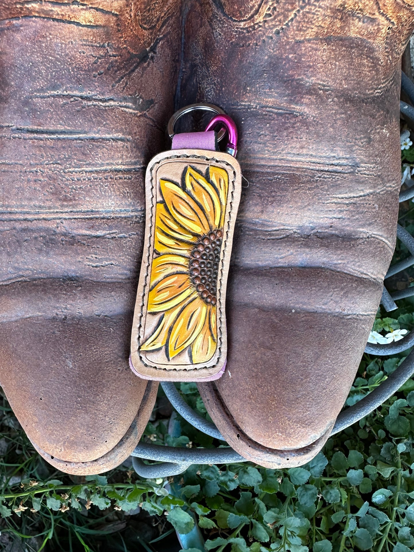 Western tooled leather sunflower chapstick keychain