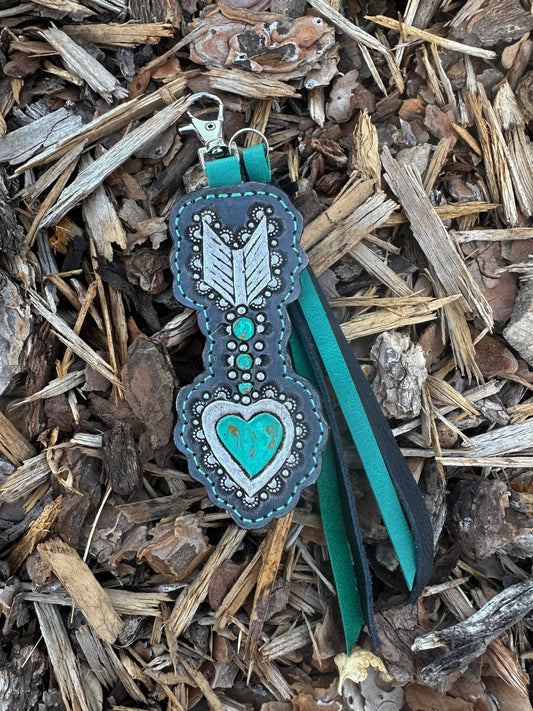 Southwestern tooled leather silver and turquoise heart arrow keychain