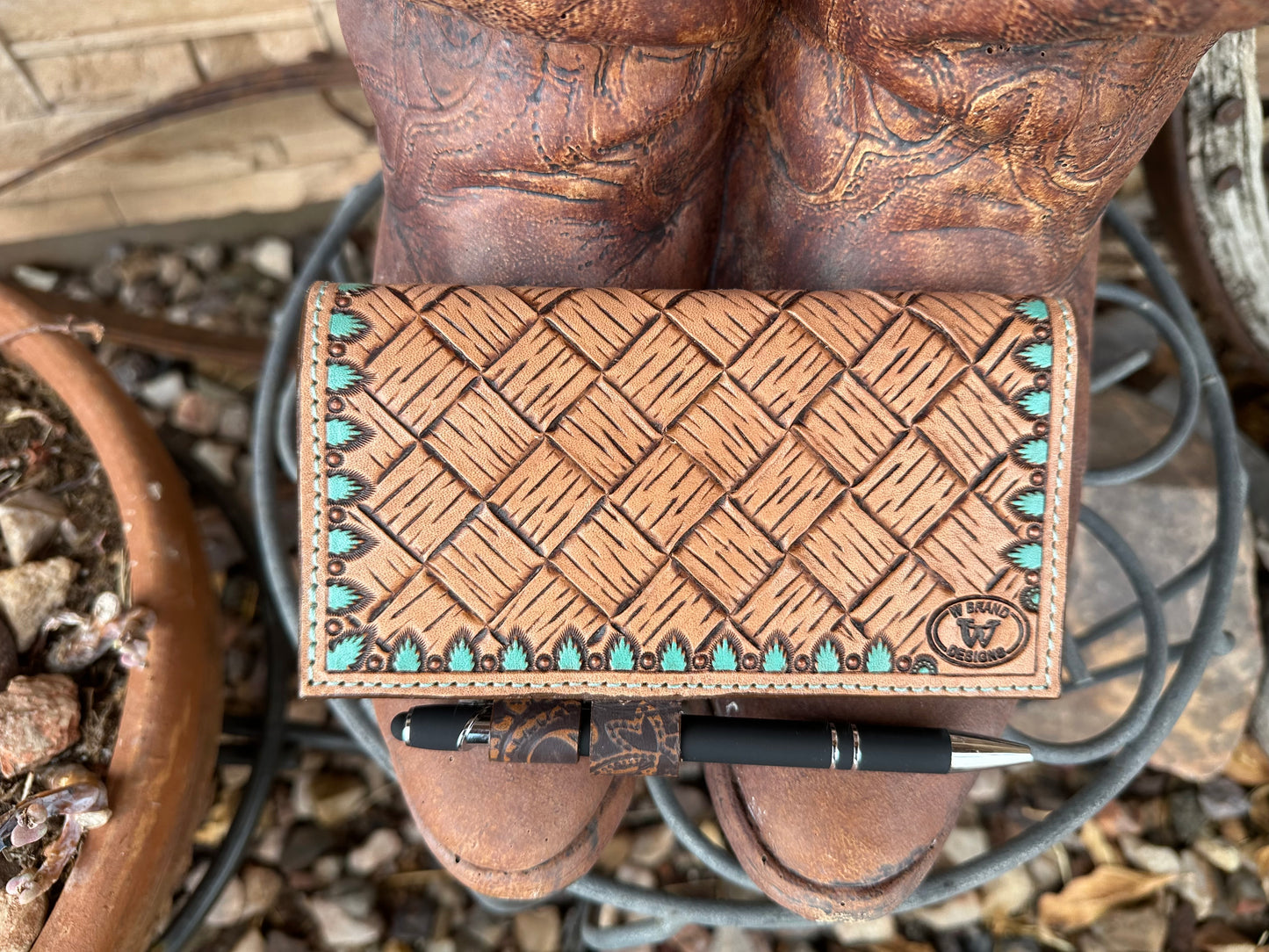 Western tooled leather cowboy skull checkbook cover