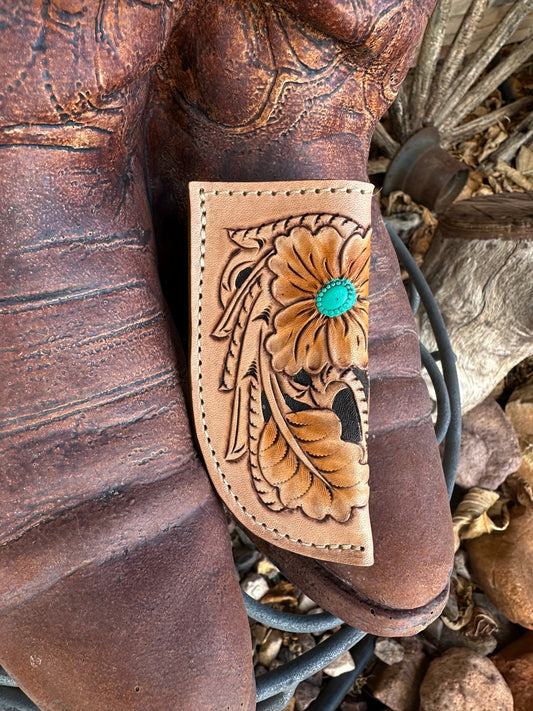 Western tooled leather floral knife sheath