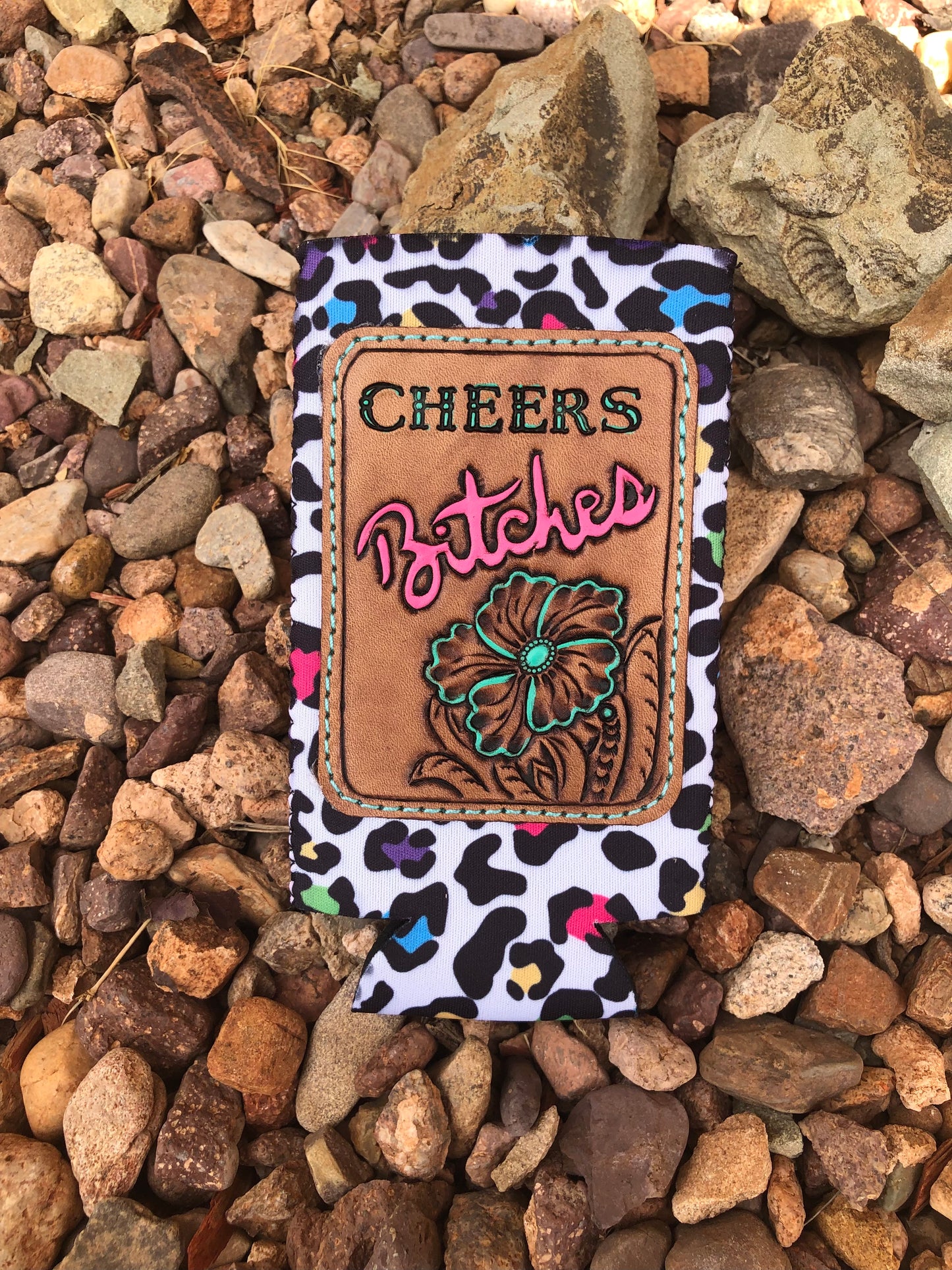 Western tooled leather cheers bitches slim can koozie