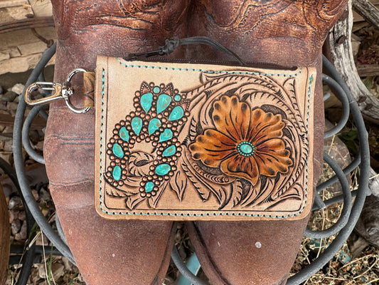 Western tooled leather turquoise and copper pendant zipper card wallet