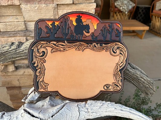 Western tooled leather Desert silhouette desert cowboy mouse pad
