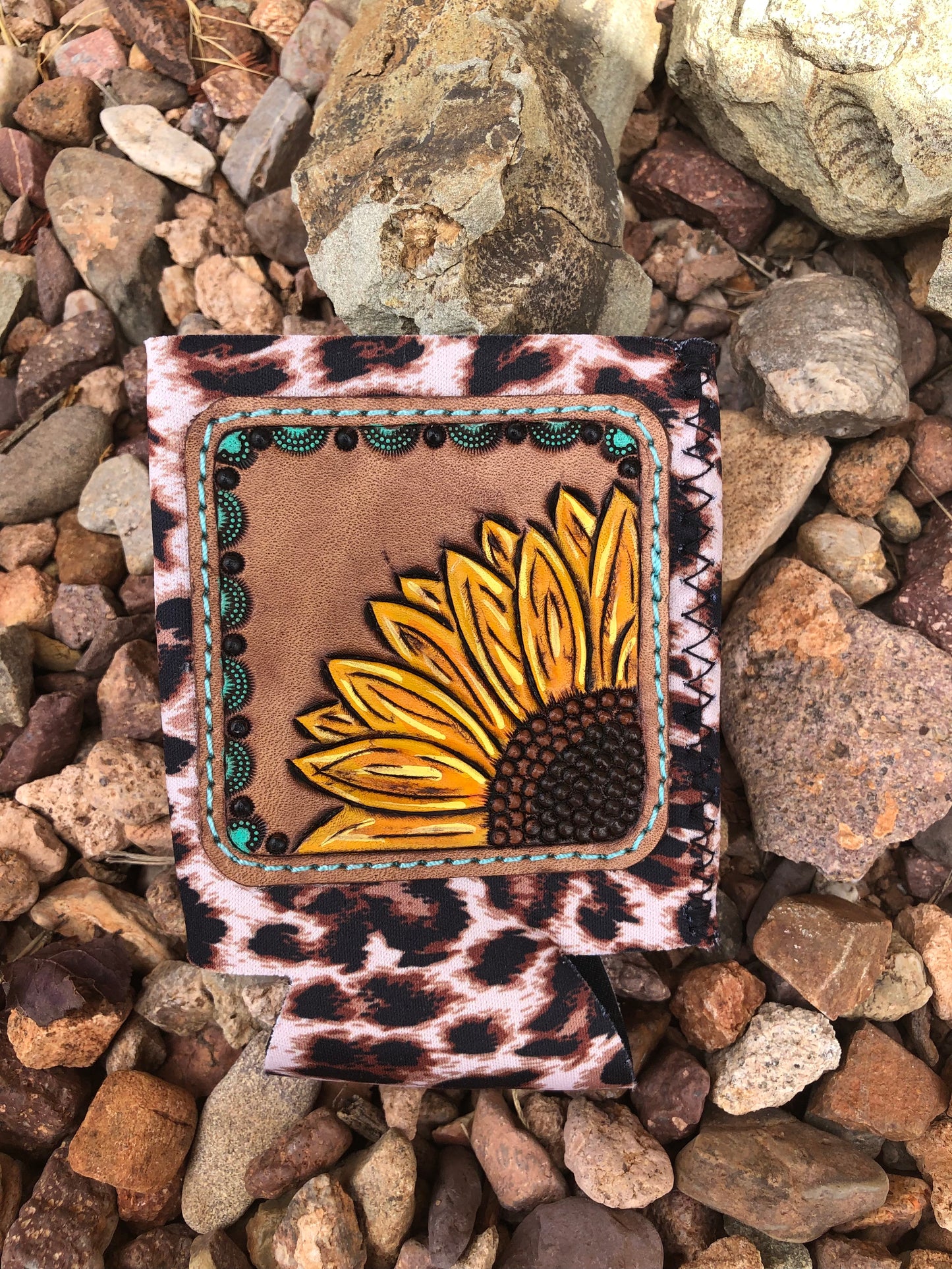 Western tooled leather sunflower can koozie