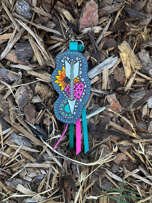 Western tooled leather arrow sunflower turquoise and leopard heart keychain