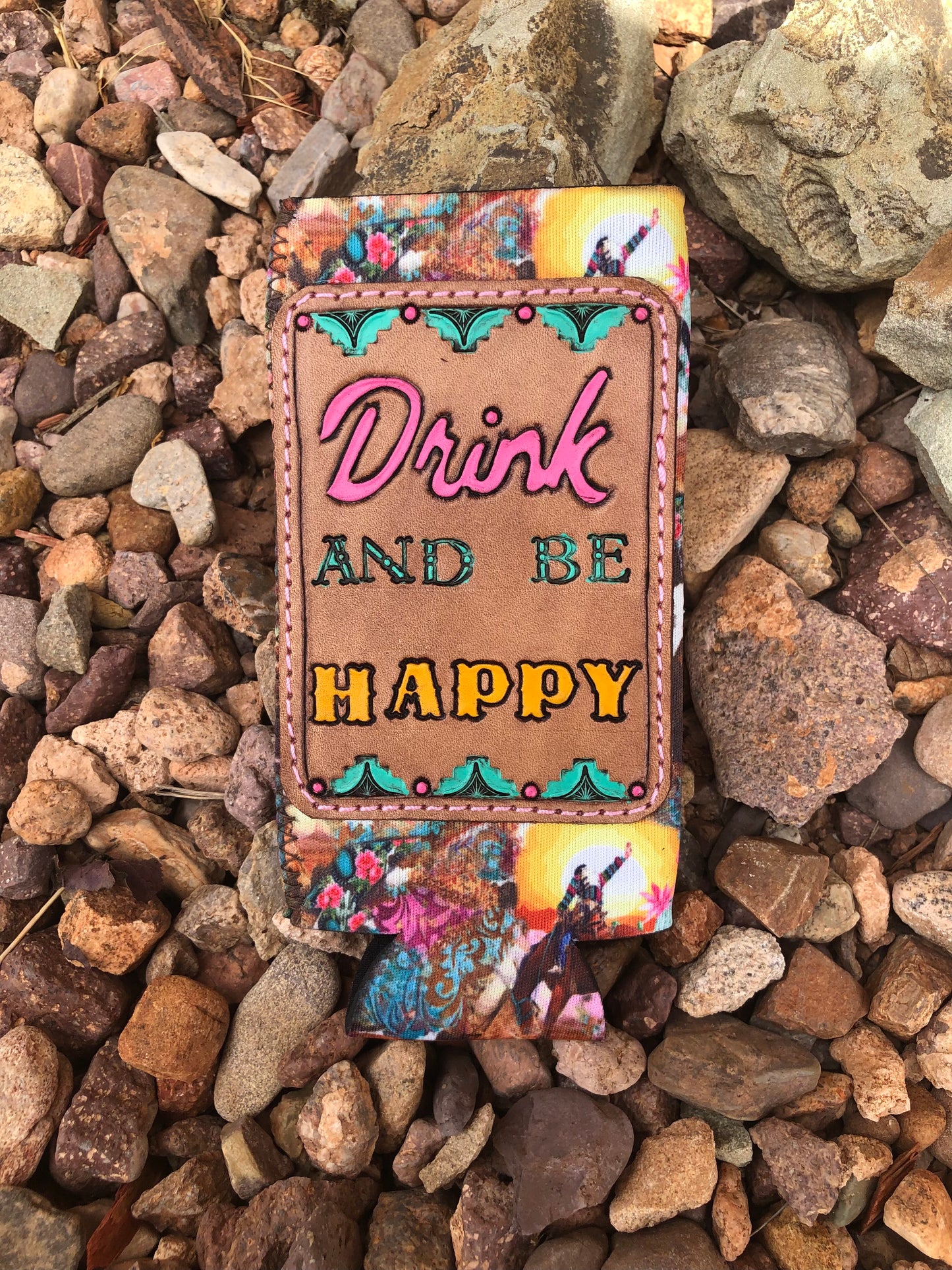 Western tooled leather drink and be happy slim can koozie