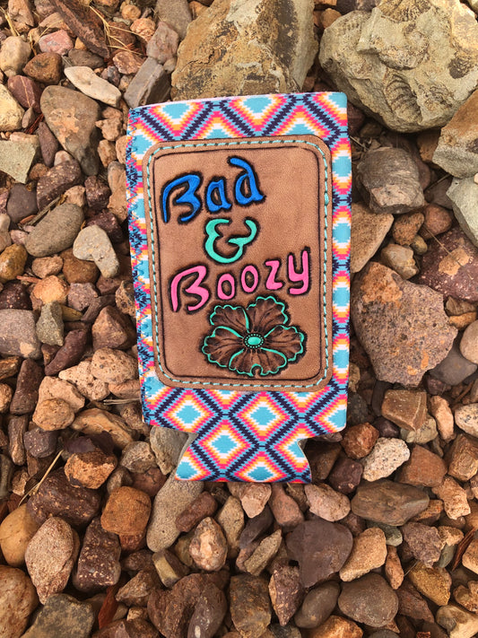 Western tooled leather bad and boozy slim can koozie