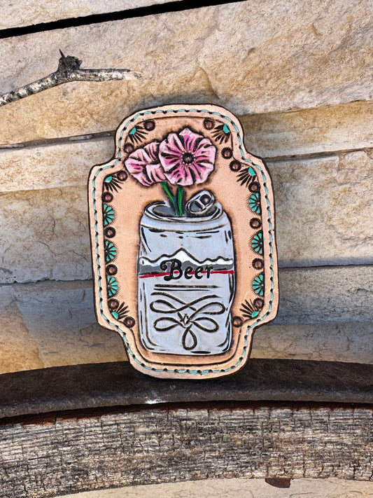 Western tooled leather beer and flower magnet