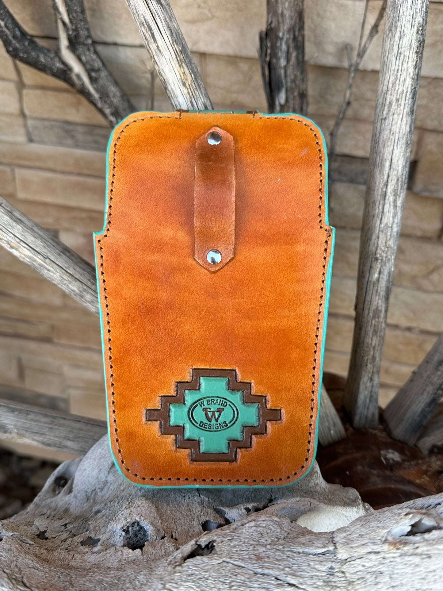 Western tooled leather brown and turquoise belt cell phone case