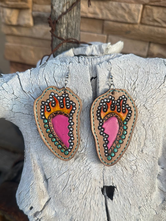 Western tooled leather flaming broken heart earrings