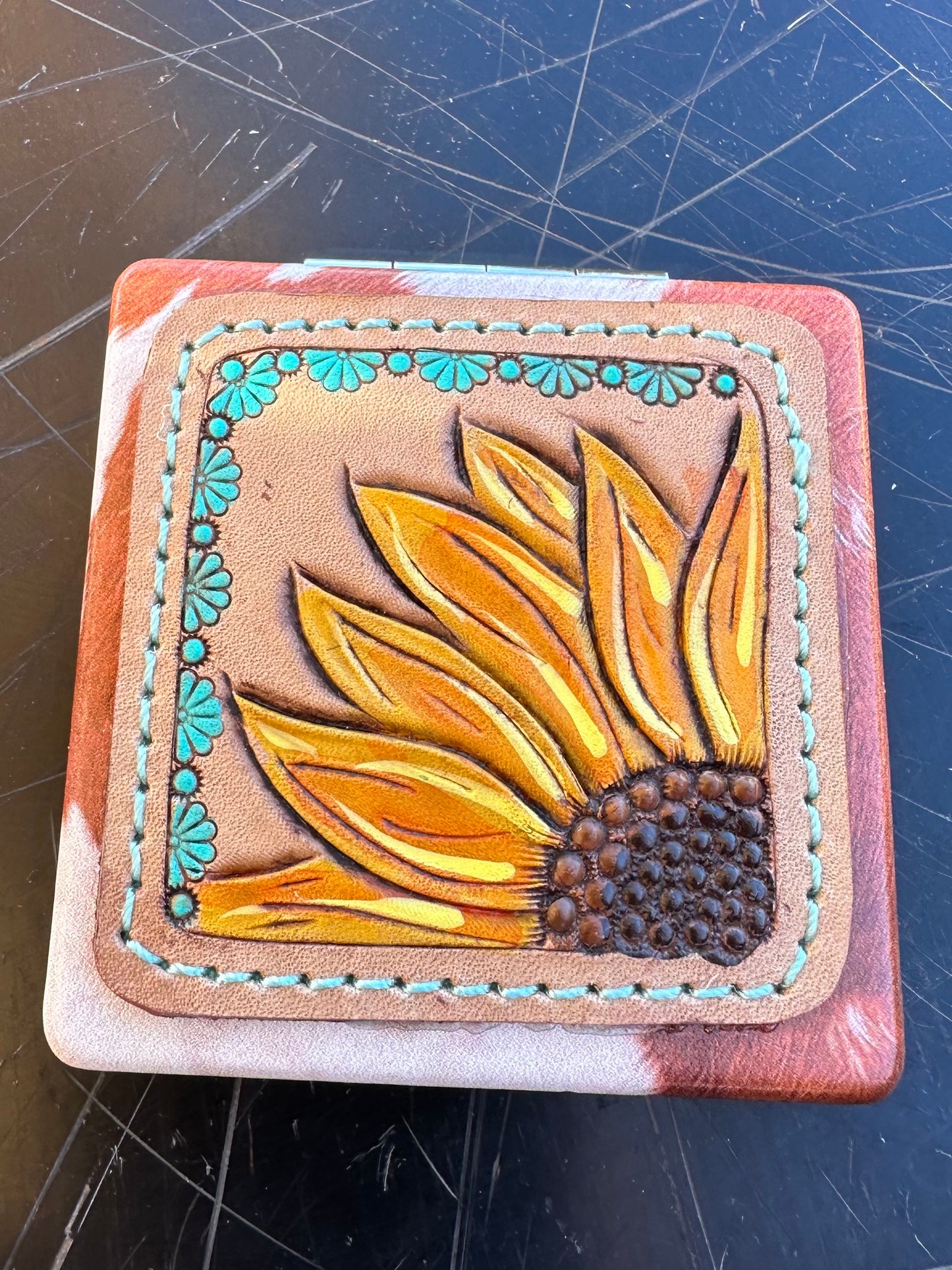 Western tooled leather sunflower patch compact mirror