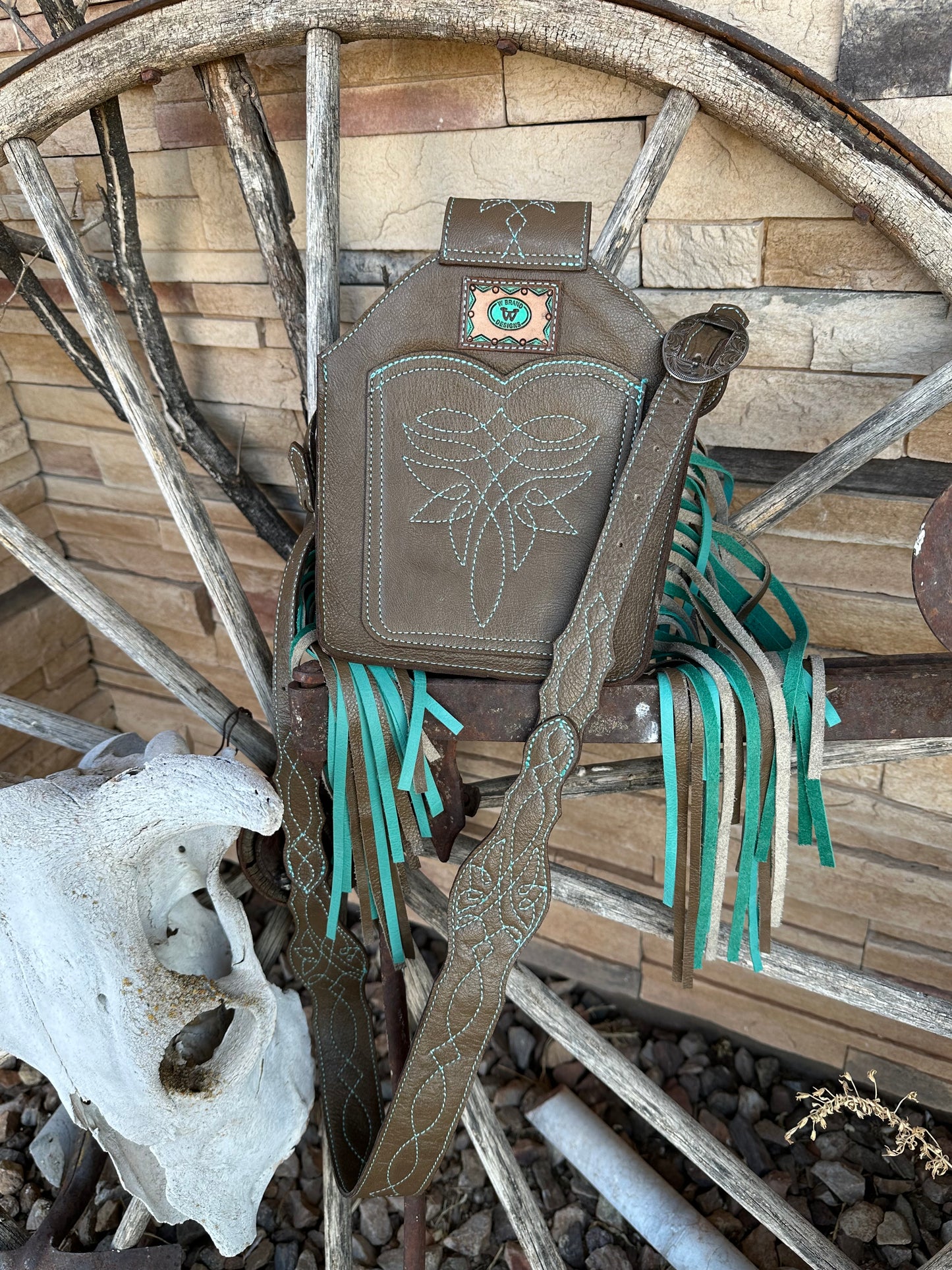 Western tooled leather turquoise and brown boot fringe bag with front cell phone pocket