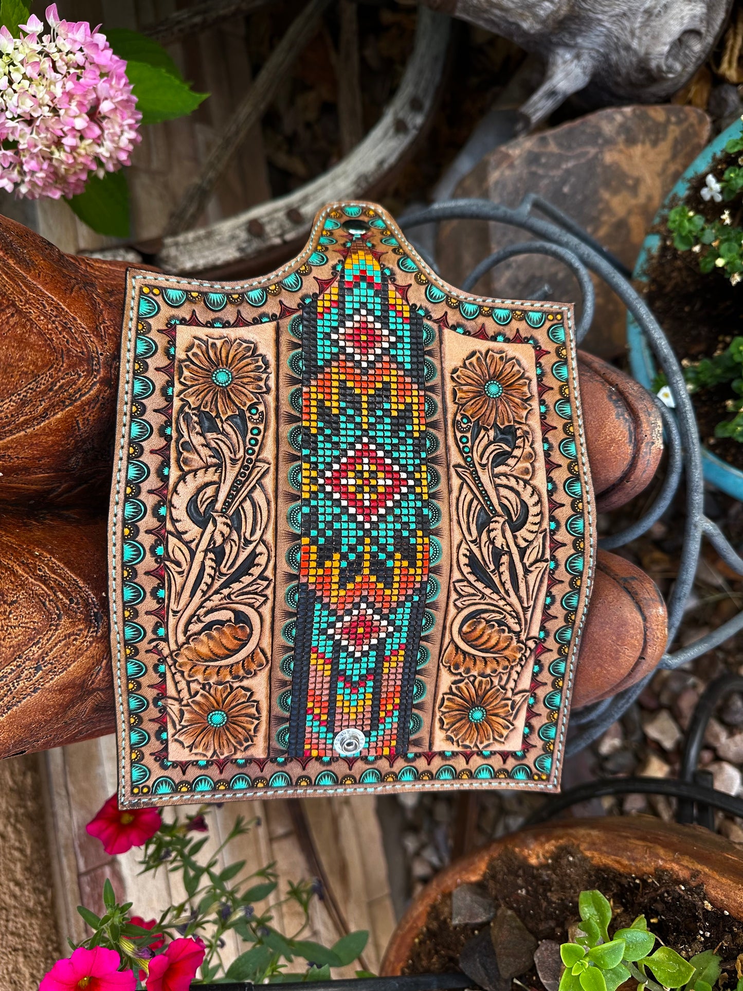 Western tooled leather floral and faux beadwork wallet