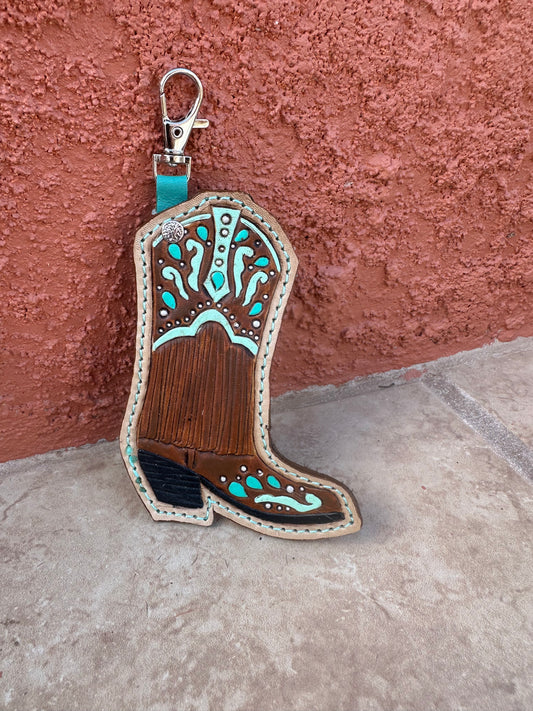 Western tooled leather boot keychain