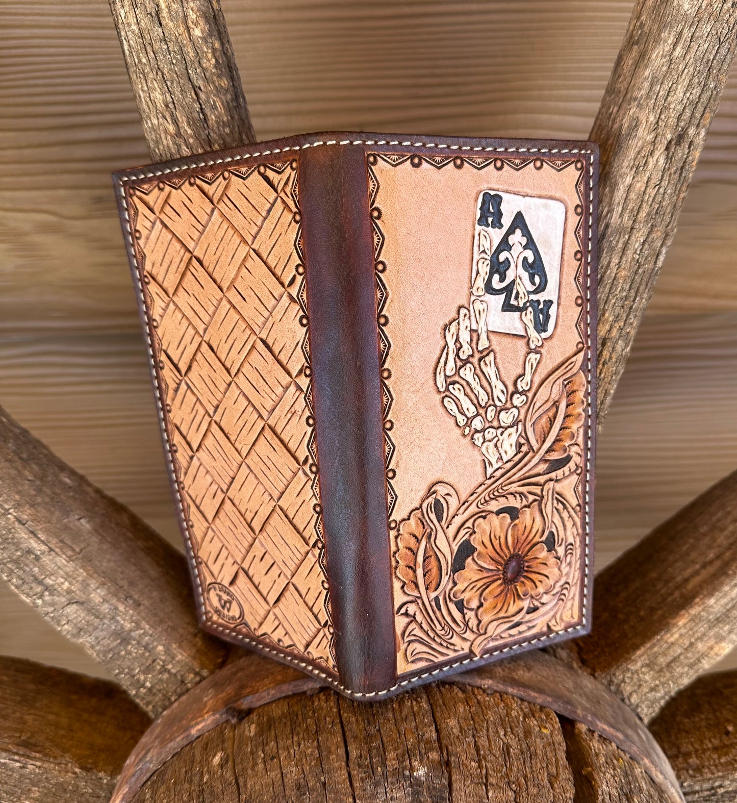 Western tooled leather skeleton hand and card roper wallet