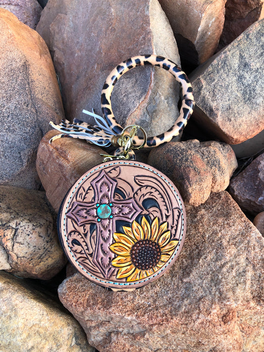 Western tooled leather cross and sunflower wristlet with mirror