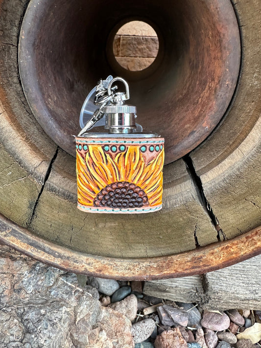 Western tooled leather sunflower mini keychain flask