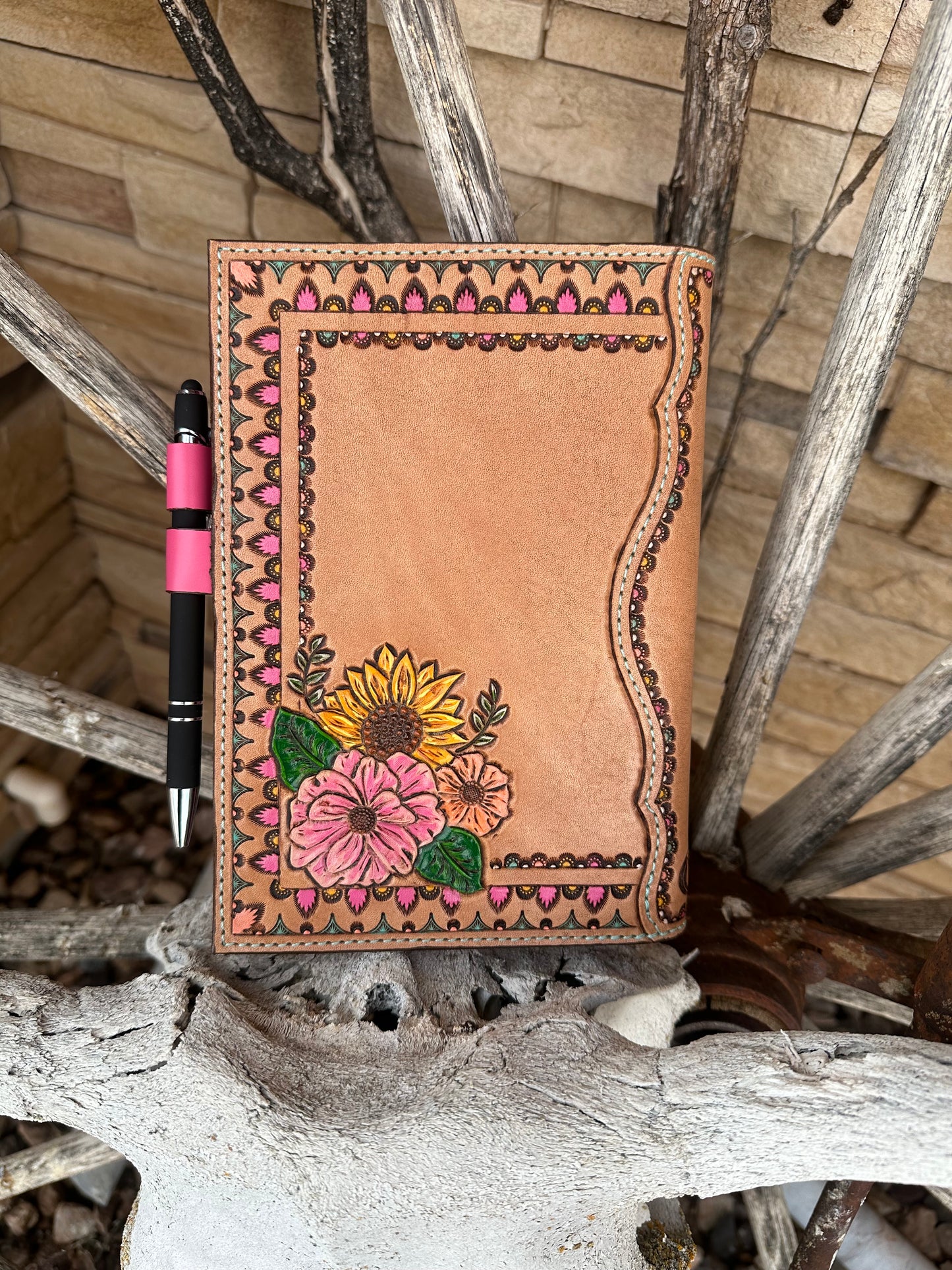 Western tooled leather floral horse memobook cover