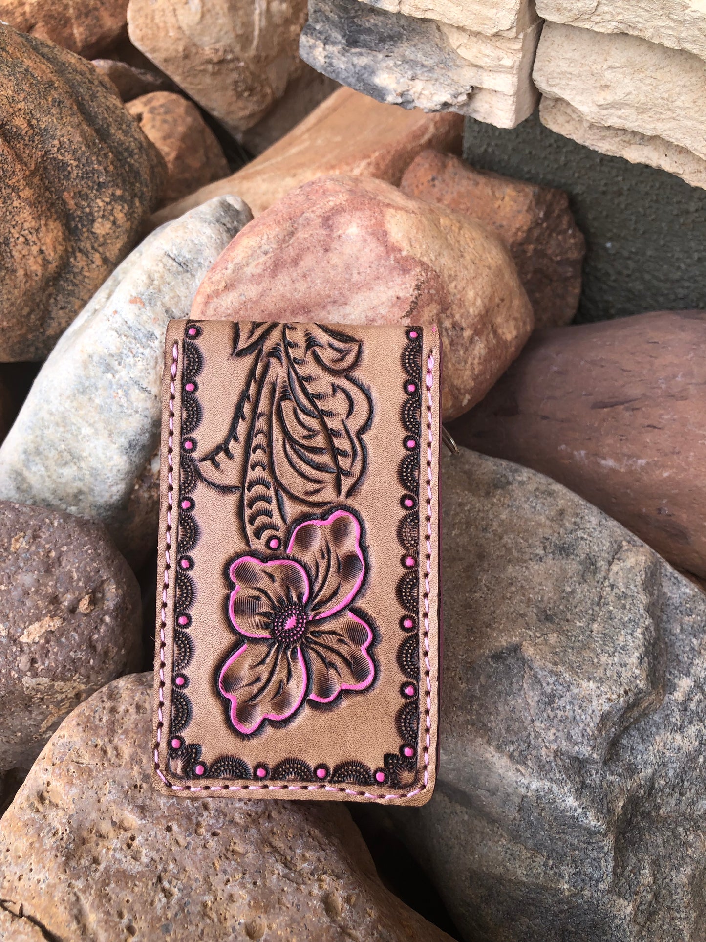 Western tooled leather pink floral travel manicure set