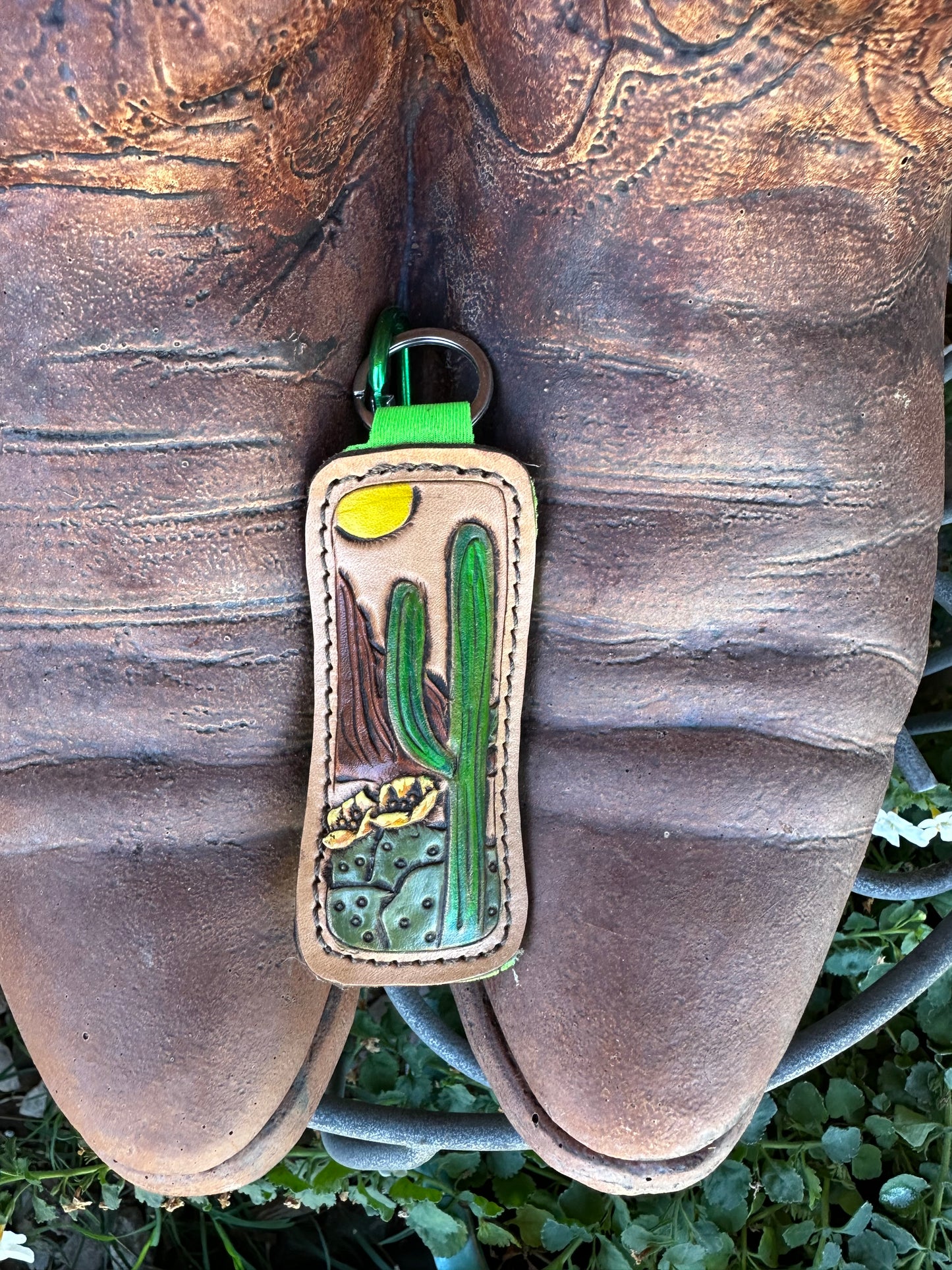 Western tooled leather desert cactus chapstick keychain