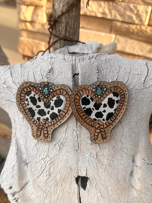 Western tooled leather cow print rope heart earrings