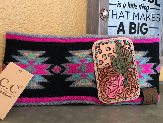 Southwestern tooled leather cactus and rose patch headwrap