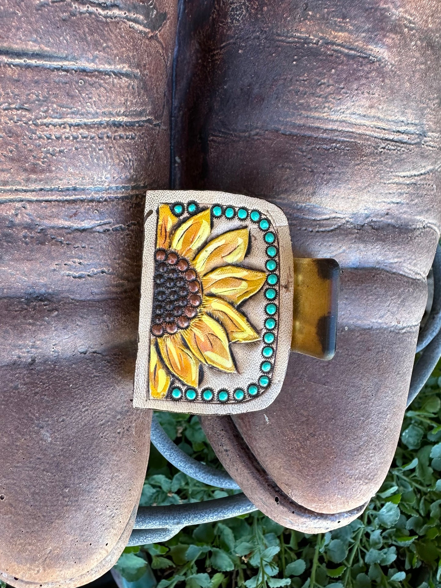 Western tooled leather sunflower claw clip small