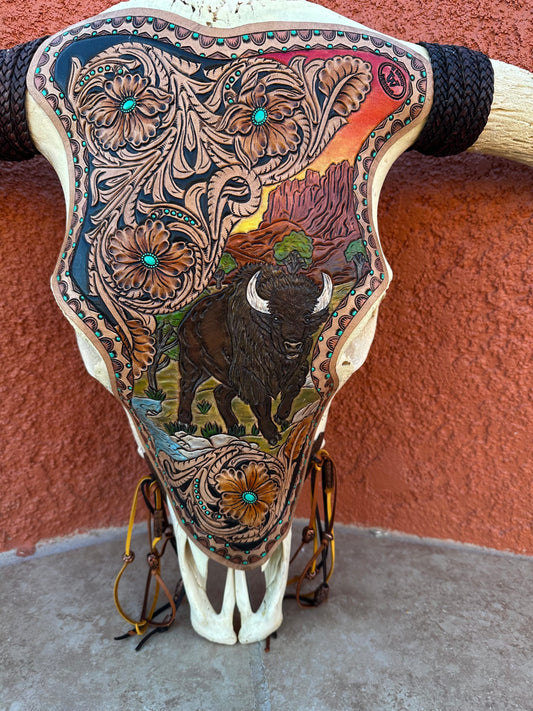 Western tooled leather bison and floral longhorn skull