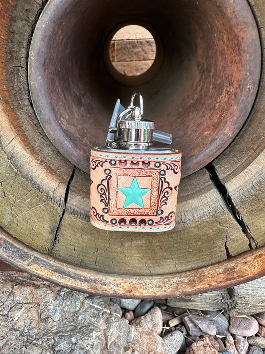 Western tooled leather turquoise star mini keychain flask