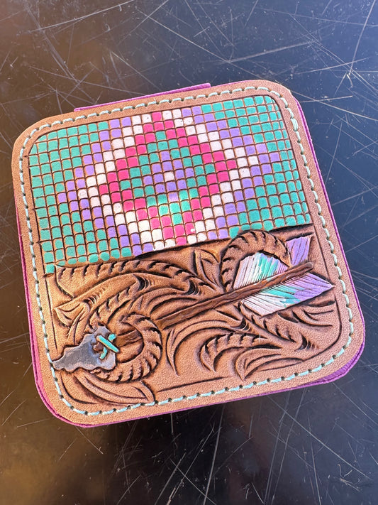 Southwestern tooled leather arrow and faux beadwork patch travel jewelry case