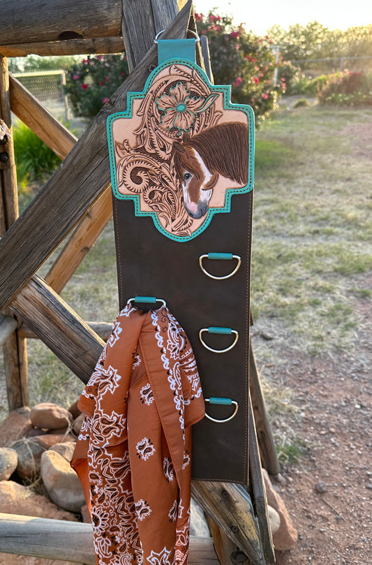 Western tooled leather horse wild rag scarf hanger
