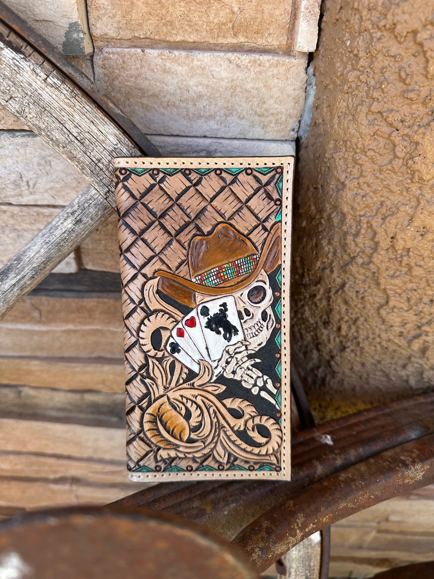 Mens tooled leather cowboy skull and cards roper wallet