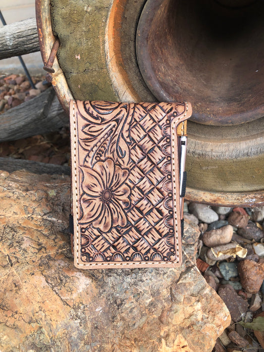 Western tooled leather floral pocket notepad