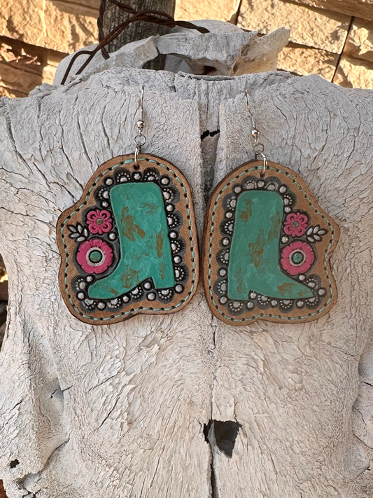 Western tooled leather turquoise boots and floral earrings