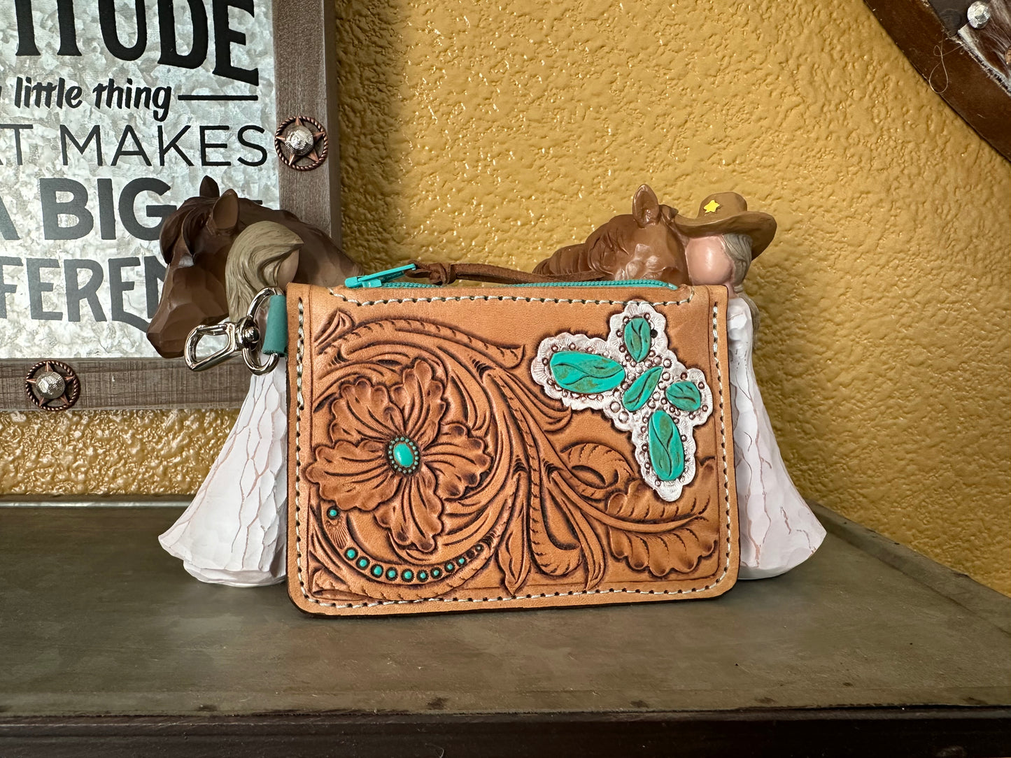 Western tooled leather floral and butterfly zipper card wallet