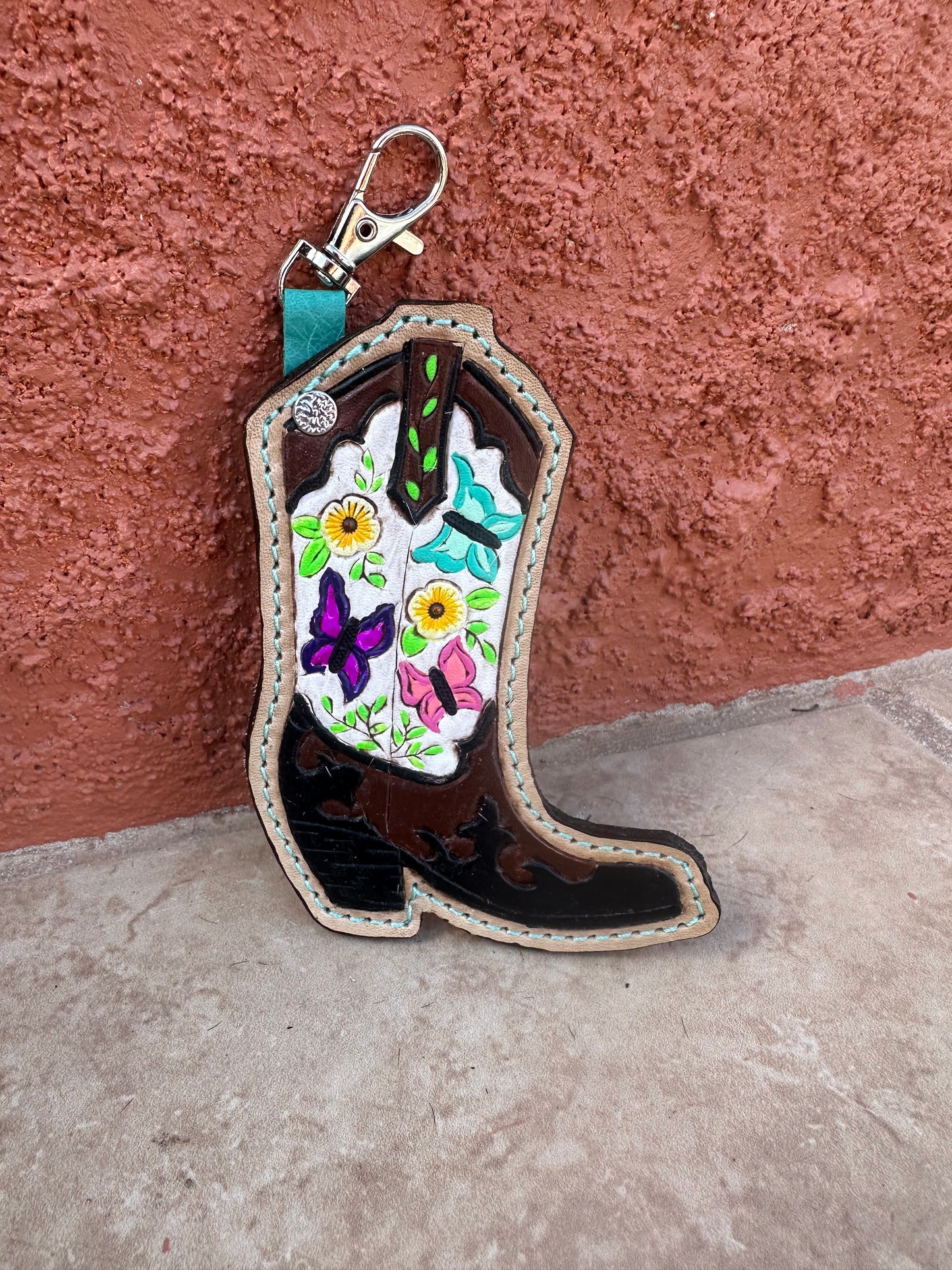 Western tooled leather boot keychain