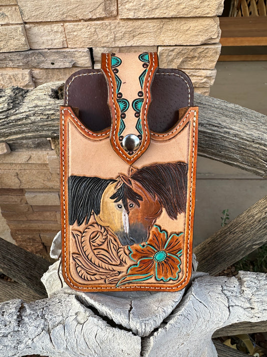Western tooled leather horse love belt cell phone case