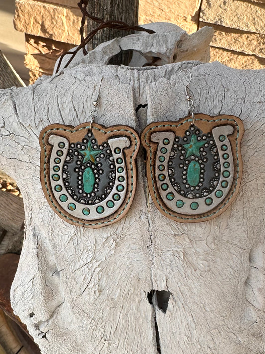 Western tooled leather turquoise star horseshoe earrings